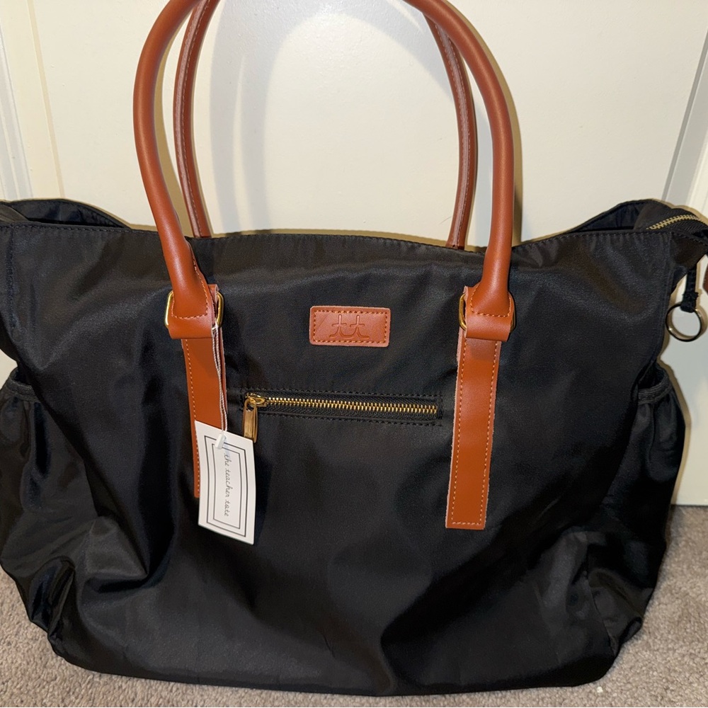 The Teacher Tote Black Tote Bag with Brown Handles